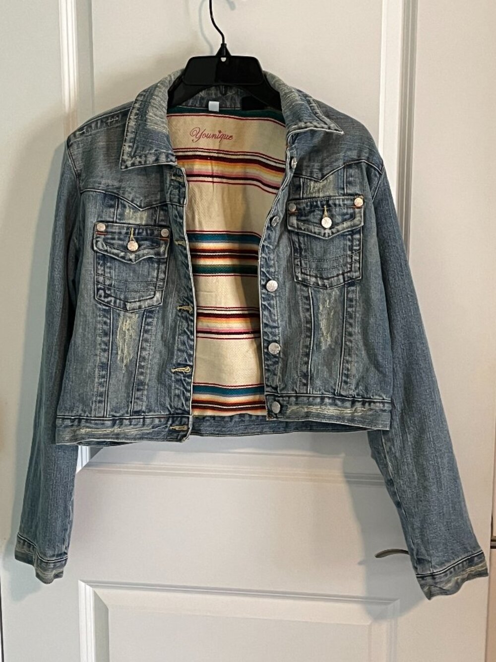 Y2K Distressed Denim Blue Jean Jacket Wool Lined Western Boho Crop Size Large